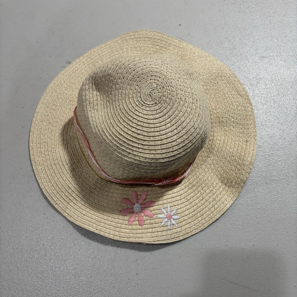 Laura Ashley Straw Sun Hat Girls 4-6X Floral Embroidered 100% Paper Summer Beach